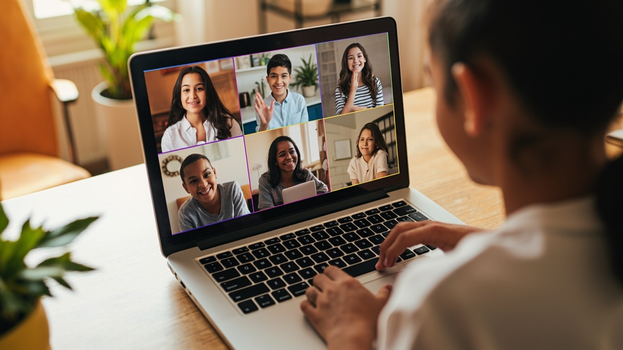 Group of students learning online together